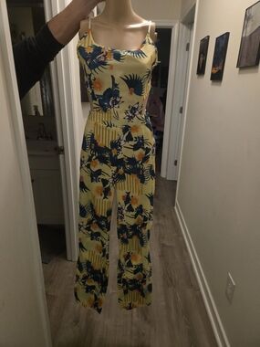 Yellow Floral Tropical Jumpsuit with Blue & Orange Accents